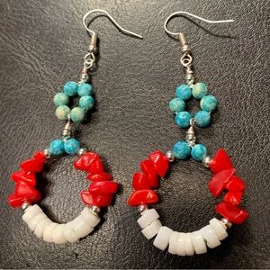 ⭐️2/$10 Red Coral Chips Heishi Shell and Turquoise Handcrafted Silver Earrings